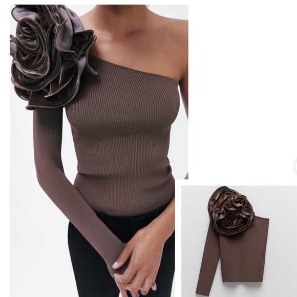 *NWT* Zara Mink Asymmetric Knit Top with a velvet floral detail on the shoulder - Picture 2 of 6